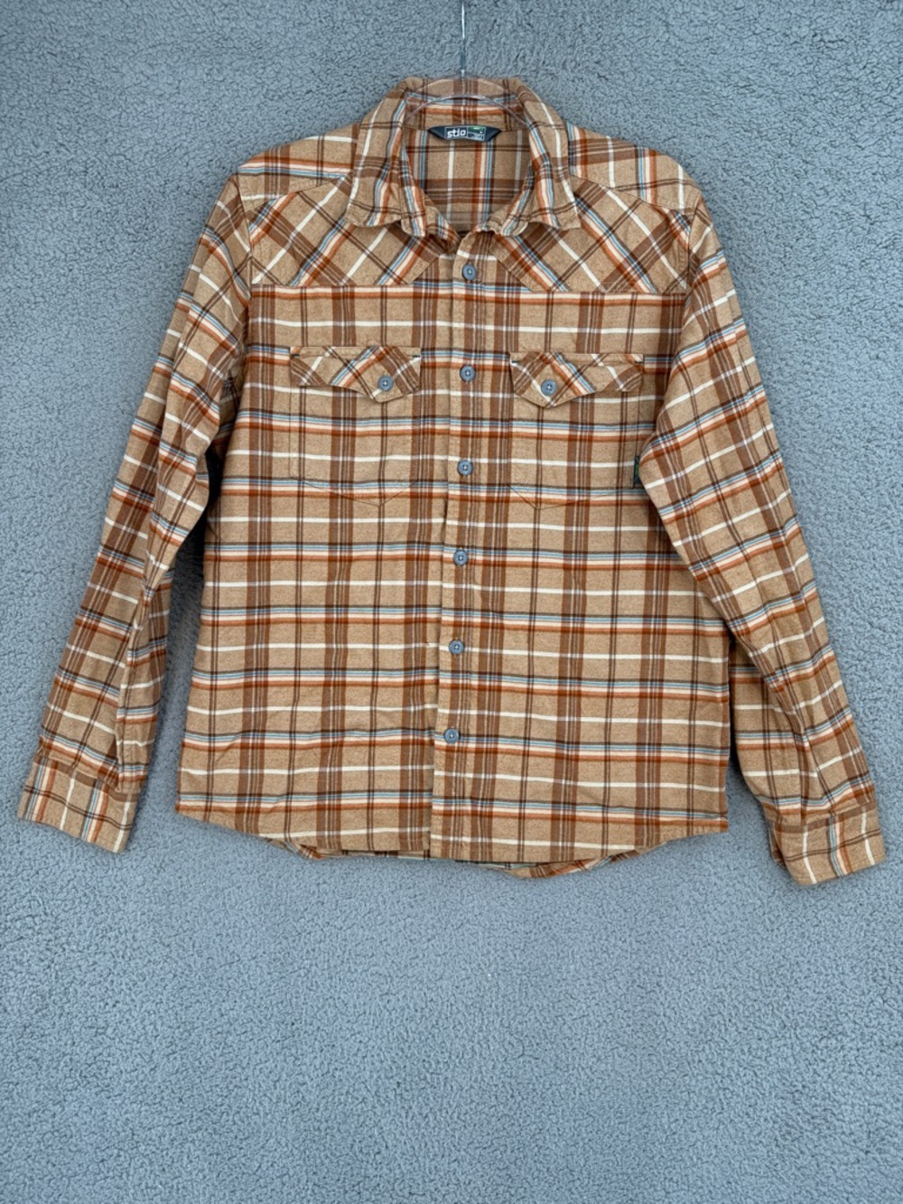 Stio Men's medium flannel long sleeve button up Plaid Pockets orange & blue